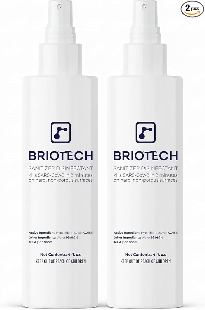 BRIOTECH Sanitizer Disinfectant Hypochlorous Spray, Kill 99.99% of Viruses & Bacteria, Control Mold, Eliminate Odor, Gentle for Nursery & Play Rooms, Food Contact Surface Sanitizer, 4 fl oz (2 Pack)