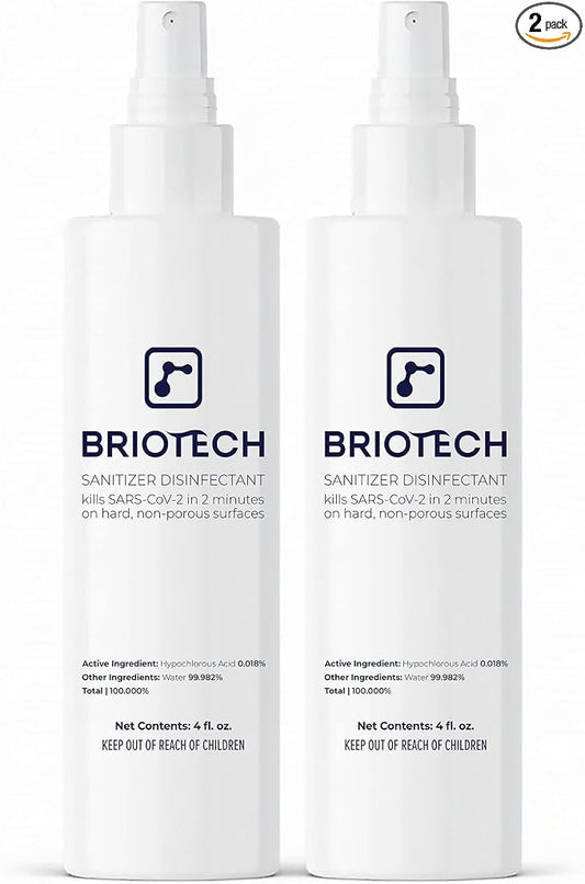 BRIOTECH Sanitizer Disinfectant Hypochlorous Spray, Kill 99.99% of Viruses & Bacteria, Control Mold, Eliminate Odor, Gentle for Nursery & Play Rooms, Food Contact Surface Sanitizer, 4 fl oz (2 Pack)