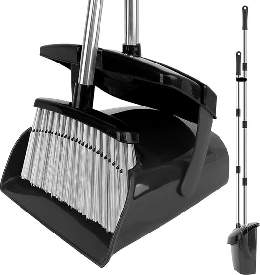 Broom and Dustpan Set, 51" Long Handle Broom with Dustpan Combo Set, Windproof Standing Dust pan with Self-Cleaning Teeth, Household Set Sweep Kitchen Office Lobby Pet Room