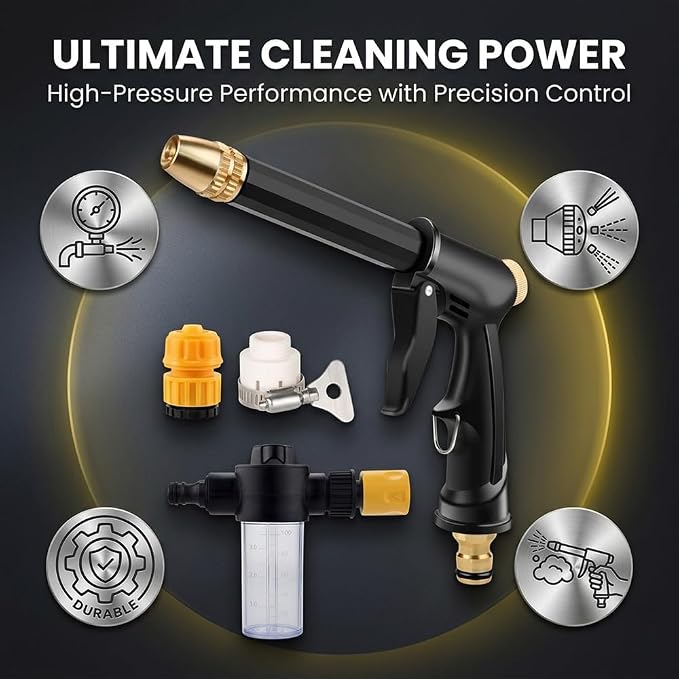 High Pressure Hose Nozzle with 4 Spray Modes, Adjustable Water Spray Gun, Metal Garden Hose Sprayer for Car Wash, Plant Watering, Patio & Outdoor Cleaning (1, Washer+3 Connectors)