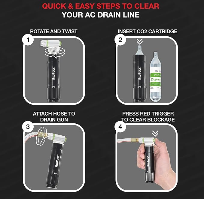 RedRock Gallo Drain Gun AC Drain Line Cleaner Tool, HVAC Air Conditioner Condensate Blaster Cleaning Kit with Flexible Hose Pipe, Includes 5 Unthreaded CO2 Cartridges, 20 Grams