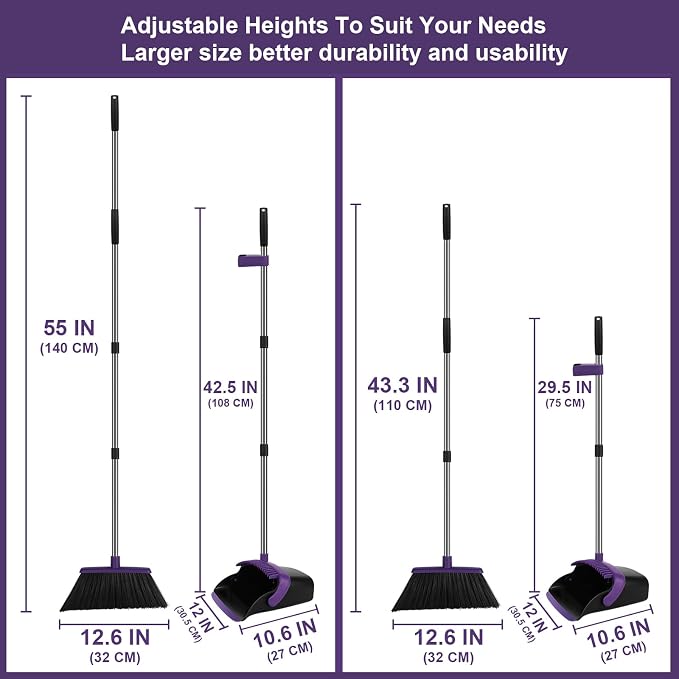 Broom and Dustpan Set with Long Handle, 55" Broom, Pet Hair Rubber Lip Upright Dustpan with Built-in Comb, Standing Dust Pan Set for Home Kitchen Office Indoor Outdoor