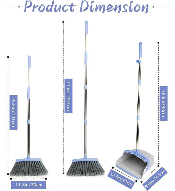 Broom and Dustpan Combo Set, Long Handle and Standing Dust Pan with Comb Teeth, Efficient Floor Cleaning for Kitchen, Outdoor, Dorm, Apartment, Office Lobby (Gray Blue)