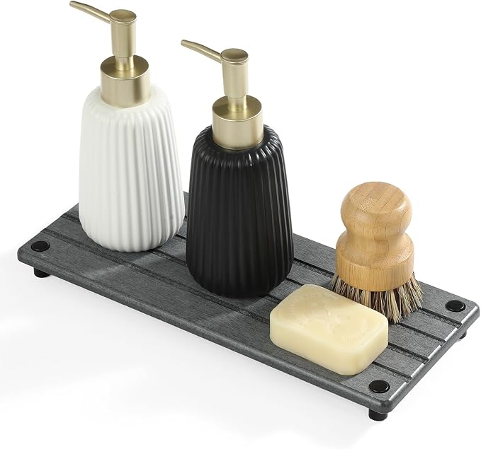 Razborci Instant Dry Sink Caddy Kitchen Sink Organizer, Quick Drying Stone Tray Diatomite Sponge Holder Soap Dish, Bathroom Countertop Fast Dry Water Absorbing Vanity Rack, Dark Gray,12" x 5"