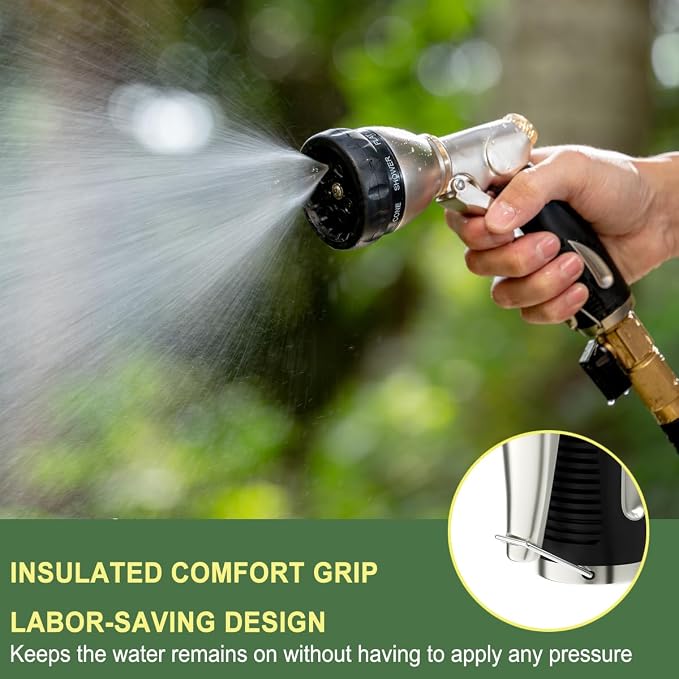 FANHAO Metal Garden Hose Nozzle Heavy Duty, 8 Spray Patterns, High Pressure | Rustproof Leak Proof, Comfortable Non-Slip Handle, Hands-Free Lock, Hose Sprayer Nozzle for Watering Plant, Car & Pet Washing