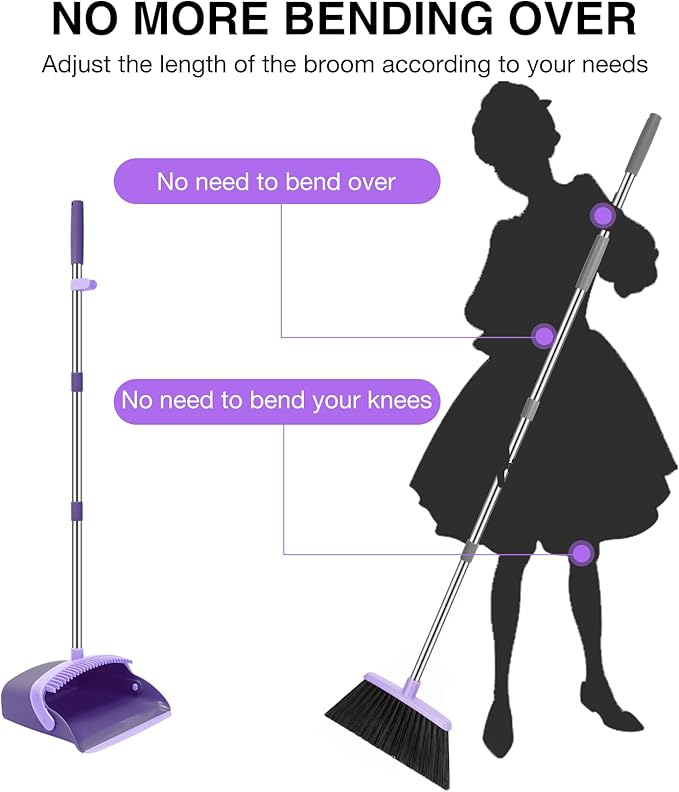 NACENA Broom and Dustpan Set with 52-in Long Adjustable Handle, Purple | Broom Dustpan Combo with Dustpan Teeth to Automatically Clean Hair Suitable for Home Kitchen Office Hall Floor