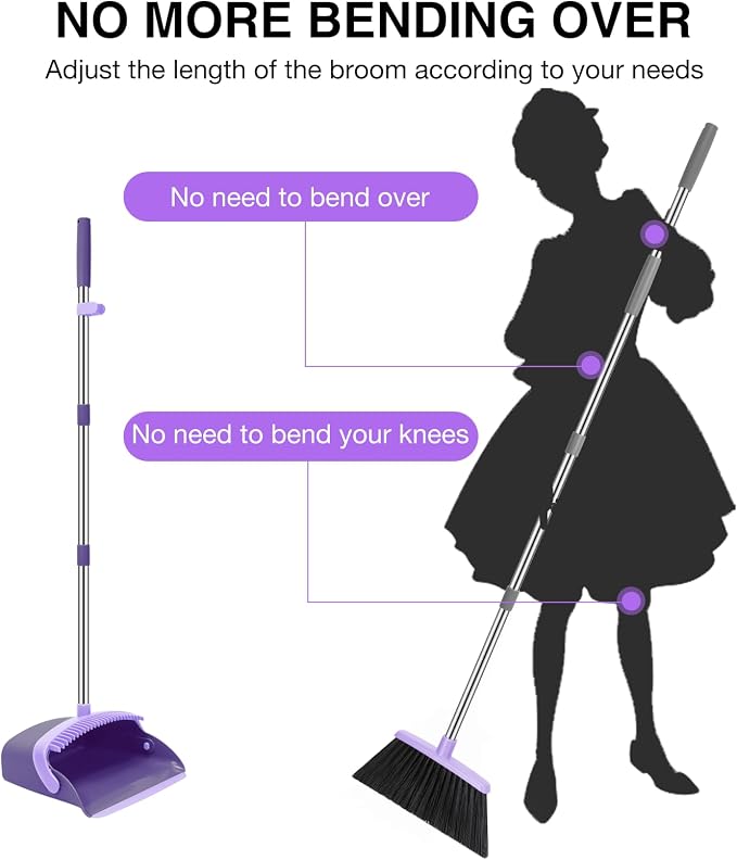 NACENA Broom and Dustpan Set, 52-in Long Adjustable Handle Broom Dustpan Combo with Dust pan Teeth to Automatically Clean Hair Suitable for Home Kitchen Office Hall Floor (Purple), 2 Pack