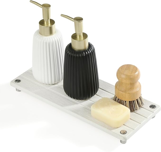 Razborci Instant Dry Sink Caddy Kitchen Sink Organizer, Quick Drying Stone Tray Diatomite Sponge Holder Soap Dish, Bathroom Countertop Fast Dry Water Absorbing Vanity Rack, Beige,12" x 5"