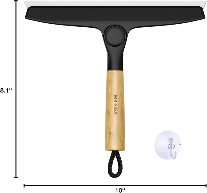MR.SIGA Silicone Squeegee for Shower Door, Mirror, Glass, 10 inch, Black | Streak free shower squeegee for windows, showers and glass surfaces, pivoting bamboo handle, includes 1 suction hook