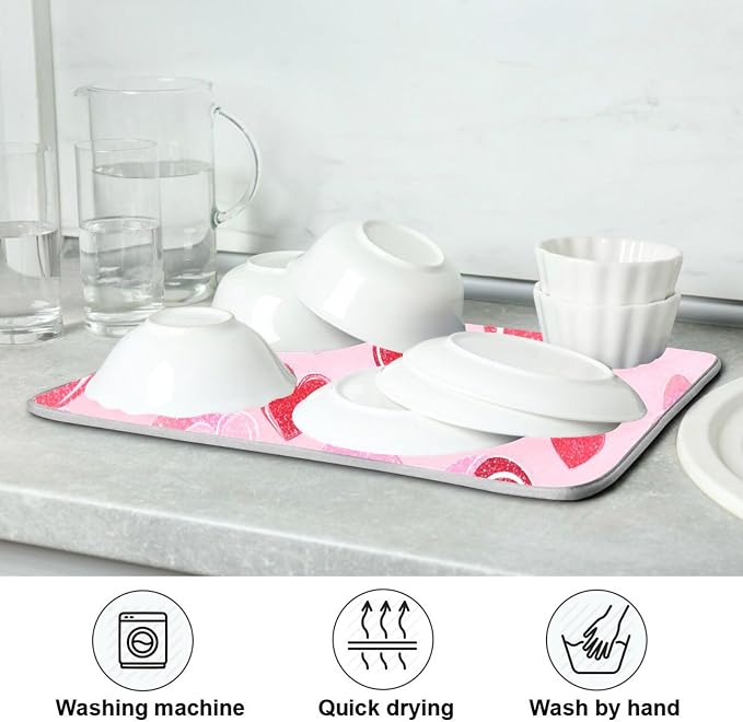 Mothers Valentines Day Hearts Dish Drying Mat 18 X 24 Inch Stars Romantic Red Pink Glitter Love Heart Dry Dishes Pads Drainer Mats Tableware Protector for Home Kitchen Countertops Counter Decorations