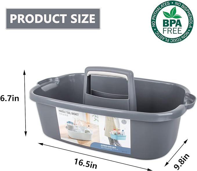 Large Cleaning Supplies Caddy Portable Shower Basket Supply Organizer with Handle Plastic Bucket Tool Storage for Bathroom, Bedroom, Kitchen, College Dorm, Garden, Dark Gray 2 Pack
