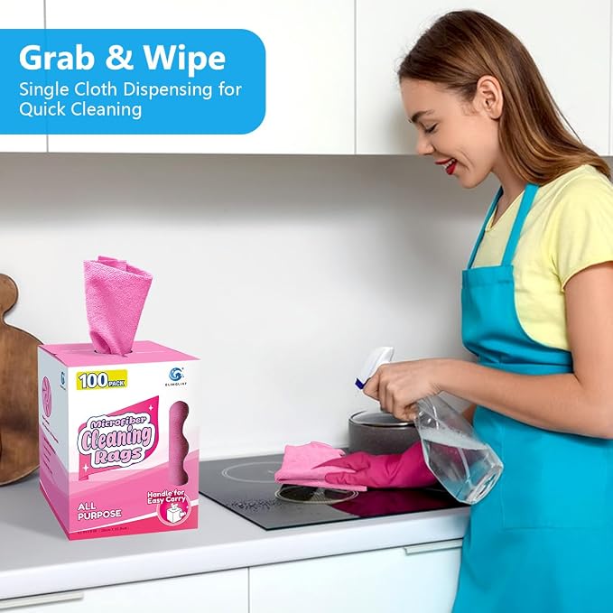 GLIMGLINT Pink Microfiber Cleaning Cloth, 100 Pack Cleaning Rags, Lint-Free, Ultra Absorbent Reusable Paper Towels for Home, Kitchen, Car, Garage or Shop, Dish Rags, 11" x 9"