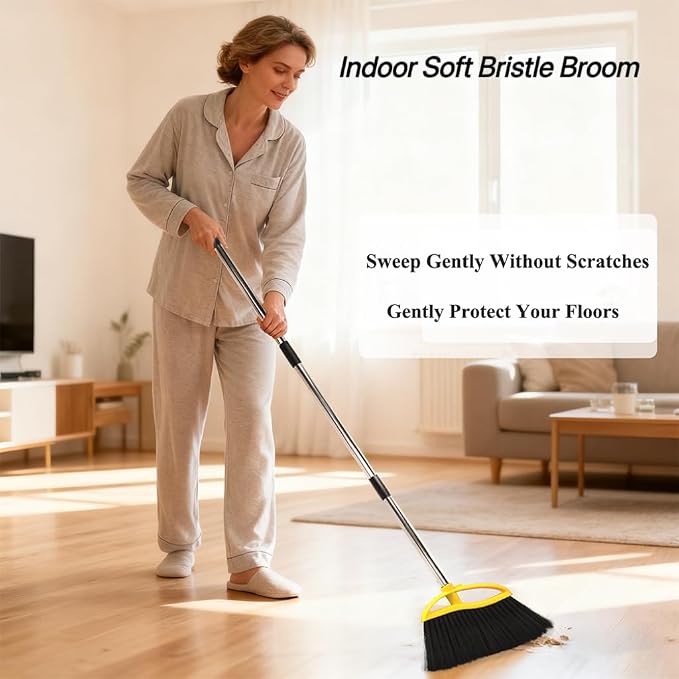 3-Pack Soft Bristle Broom Set, 38-53.5" Adjustable Handle for Indoor Floors