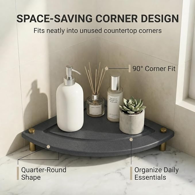 Corner Counter Shelf, Water Absorbing Stone Drying Tray Mat for Kitchen & Bathroom Sink, Diatomaceous Gold Faucet Coaster Soap Dish Rack Riser Dispenser Sponge Holder, Dark Gray, 8.5" x 8.5"