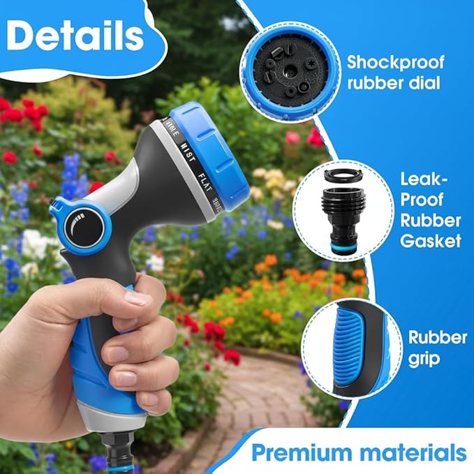 Garden Hose Nozzle Thumb Control with 10 Spray Patterns Water Hose Sprayer | Leak Proof On Off Valve Water Hose Nozzle Sprayer,One Hand Operation,Non-Slip Grip for Plants & Lawn Watering,Car&Pet Washing