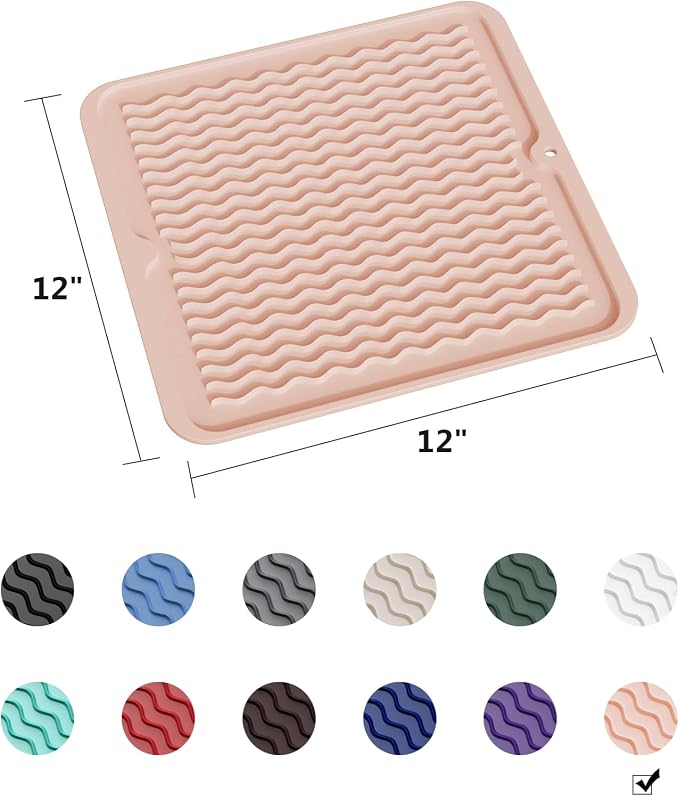 ZLR 4-in-1 Silicone Mat 12" x 12" / 305 x 306mm Square - Dish Drying Mat, Air Fryer Mat, Coffee Maker Pad & Heat Resistant Trivet (up to 450°F) - Non-Slip Food-Grade BPA-Free (Peach Pink)