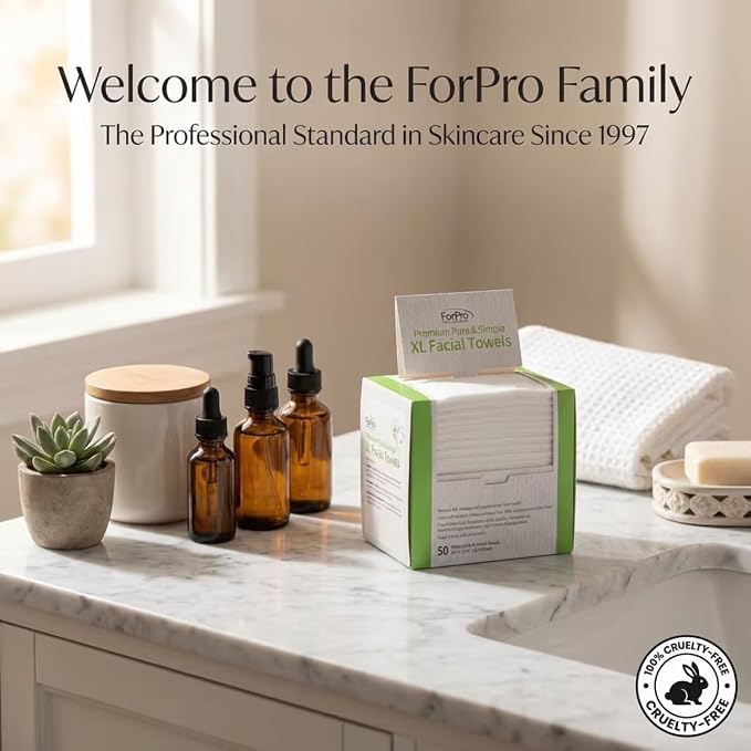 ForPro Disposable Face Towels for Sensitive Skin, XL Dry Wipes Makeup Remover, Ultra Soft Lint-Free Viscose Face Cloths, Chemical-Free Biodegradable Facial Towelettes, Vegan & Cruelty-Free, 50-Count