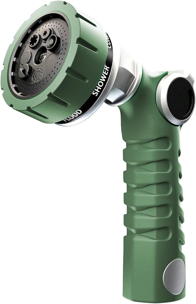 RESTMO Heavy Duty Hose Nozzle, Metal Garden Water Hose Sprayer | 7 Watering Patterns, Thumb Control, On Off Valve, Leak Proof Nozzle Sprayer for Watering Plants, Car & Pet Washing, Green