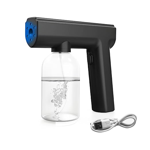 Blue Light Electrostatic Sprayer Handheld Nano Mist Sprayer Black | Disinfectant Fogger with 300ml Large Capacity, Rechargeable Atomizer for Home Office Car Air Refresh Multipurpose Portable