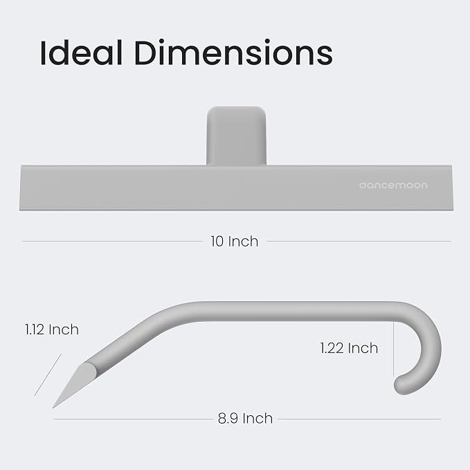 dancemoon JustHang Shower Squeegee with Built-in Hook, 10-Inch Gray | Award-Winning Design, All-One-Piece Soft-Touch Silicone, for Glass Door, Bathroom, Window, Mirror, Tile Wall, Car