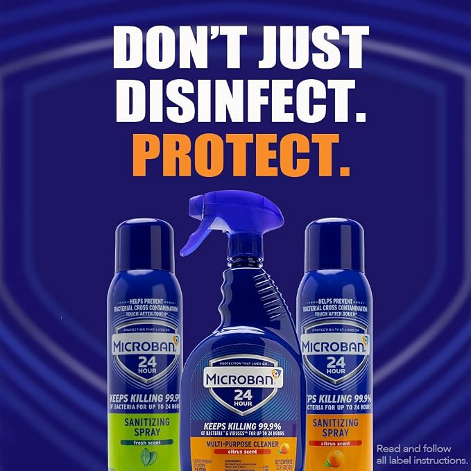 MICROBAN Sanitizing Spray, 15 oz., 2 Pack, Citrus, Disinfects, Sanitizes, Eliminates Odors, and Keeps Killing 99.9% of Bacteria on Hard, Non-Porous Surfaces in Your Home for up to 24 Hours