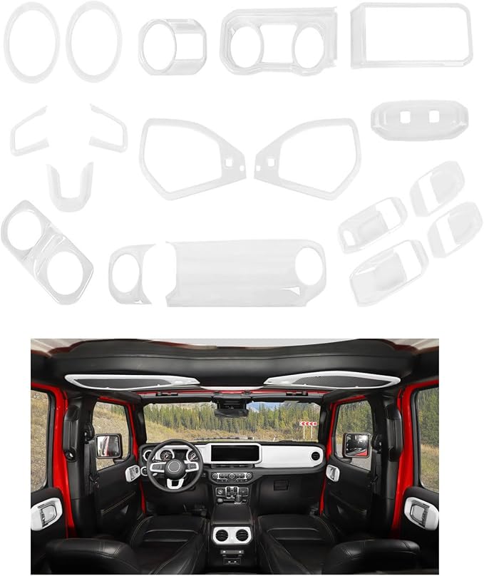 21PCS Full Set Interior Trim Kit for 2024-2026+ Jeep Wrangler JL JLU & Jeep Gladiator JT, Dashboard Side Outlet Door Handle Bowl Headlight Switch Roof Reading Light Cover (White)