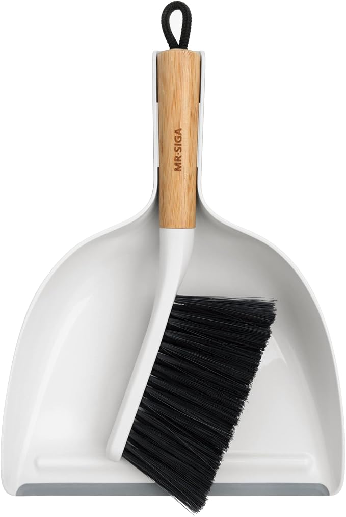 MR.SIGA Dustpan and Brush Set, Bamboo Handle, White, 1 Set | Handheld brush and dustpan combo with hanging loop, small broom and dustpan set