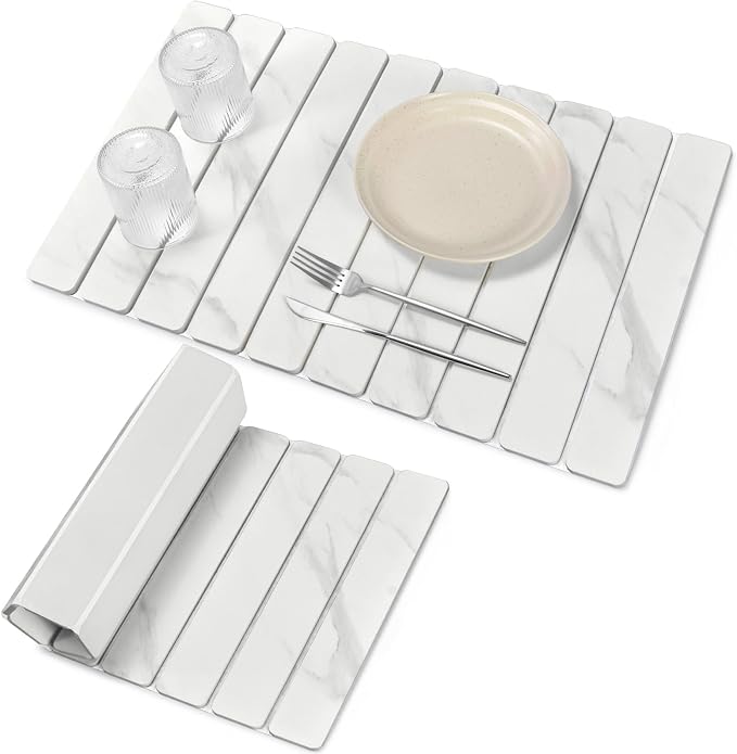 Large Stone Dish Drying Mats for Kitchen Counter, 24"(L)×16"(W) Marble-Pattern Dish Drying Mat, Eco-Friendly Absorbent Diatomaceous Earth Mats for Dishes Bottles Cups, Match Any Countertop