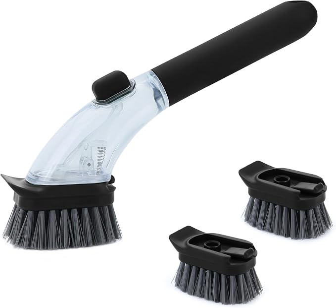 DAPOWER Soap Dispensing Dish Brush with Handle, Kitchen Scrub Brush for Dishes Pots Pans Sink Cleaning (Black)