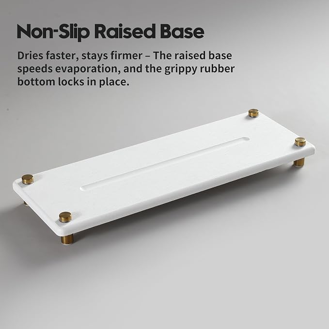 White Gold Dish Drying Rack Tray, Water Absorbing Stone Sink Caddy Kitchen Sink Organizer, Diatomite Bathroom Counter Faucet Mat Coaster, Soap Riser Dispenser Sponge Holder, White 12.5" x 4.5"