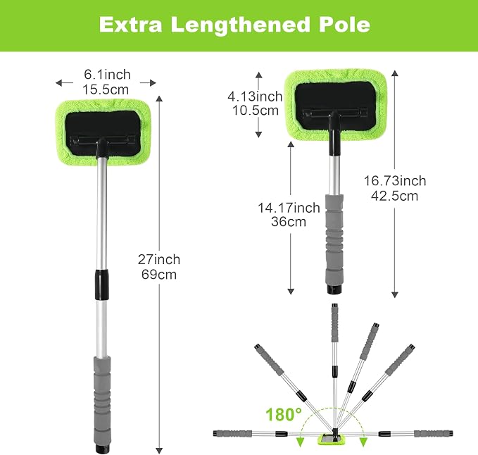 XINDELL Interior Windshield Cleaner Tool – Car Window Cleaning Tool 27inch Extendable Long Handle for Easy Cleaning, 9pcs Reusable Microfiber Pads, Streak-Free Interior & Exterior Auto Glass Cleaner