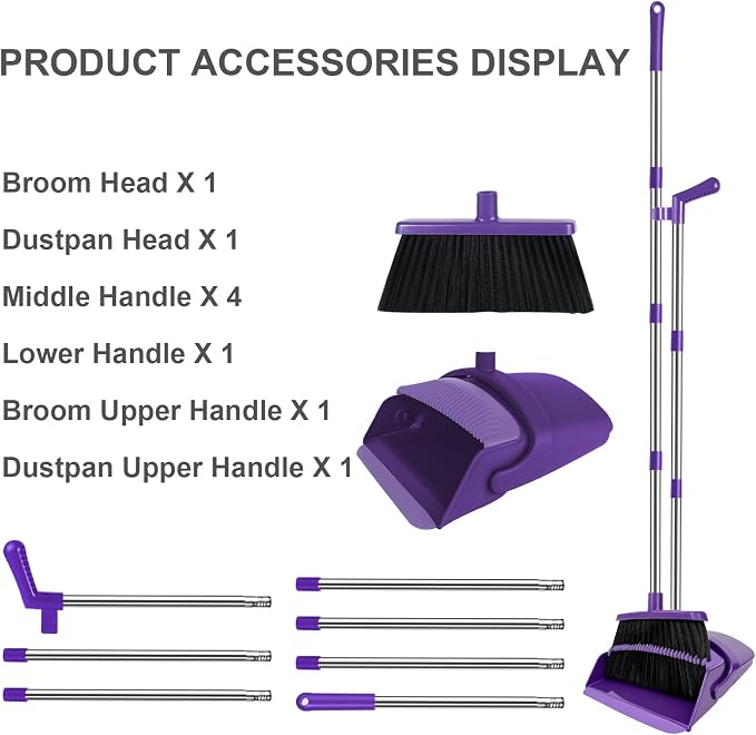 Purple Broom with Dustpan Combo Set, 51" Long Handle Household Cleaning Tool, Ideal Broom and Dustpan Set for Pet Hair and Home Use