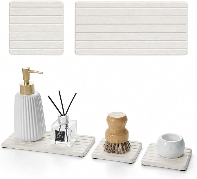 Diatomaceous Earth Sink Organizer Tray Set, 3-Pack Fast Drying Water Absorbing Stone Soap Holder Caddy for Kitchen & Bathroom Counter, Faucet Splash Guard, Beige (1pc of 8"x3.8" + 2pcs of 3.8"x3.8")