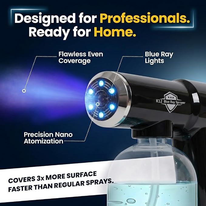 Professional Barber Disinfectant Spray Gun, Ultra Fine Mist Sprayer, Black | Continuous Spray Bottle with Blue Light, Easy to Use Lightweight and Rechargeable Sanitizer Gun, Multipurpose Fogger Machine