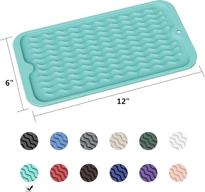 ZLR Silicone Sink Caddy Tray (6" x 12" / 153 x 305mm) - Narrow Sponge Holder for Kitchen Counter - Waterproof Dish Drying Mat, Non-Slip Soap Dispenser Mat & Bathroom Vanity Organizer (Mint Green)
