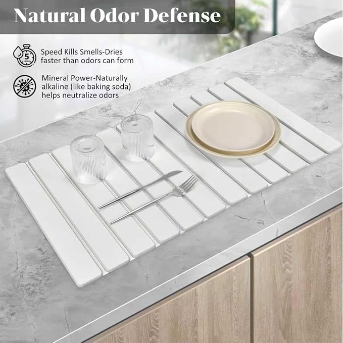 Large Stone Dish Drying Mats for Kitchen Counter, Fast Drying Collapsible Dish Drying Mat, Eco-Friendly Absorbent Diatomaceous Earth Mats for Dishes Cups, Match Any Countertop (White 28"×16" & 8"x4")