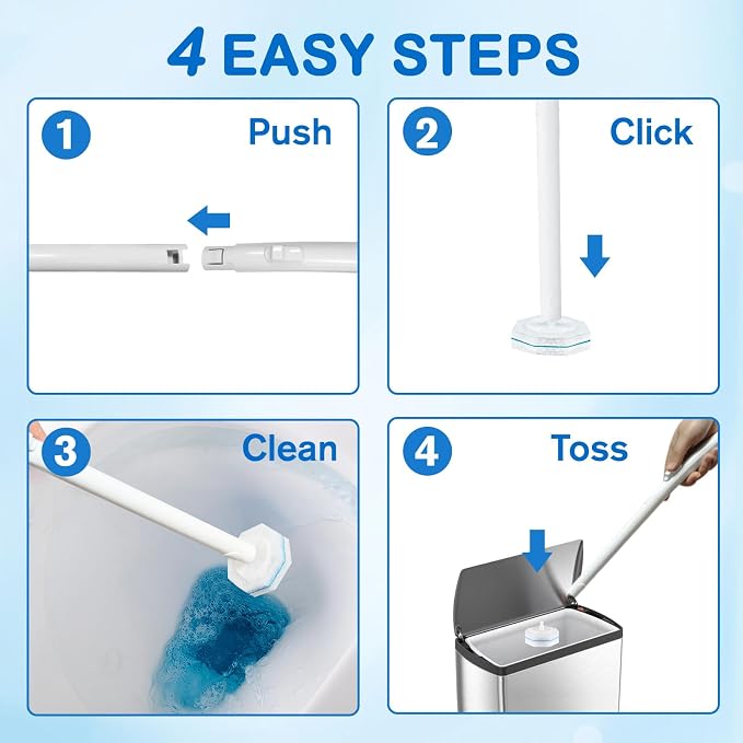 Disposable Toilet Brush and Holder Set, 20 Pre-Filled Refills, 5X Powerful No-Shed Pads, 360° Deep Toilet Bowl Clean, Toilet Bowl Cleaners with Storage Caddy & Adhesive Hooks