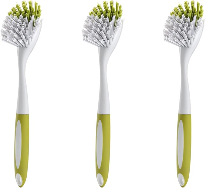 Dish Brush with Handle, Stiff Bristles Dish Scrubber for Pots, Pans & Sink Cleaning, 3 Pack