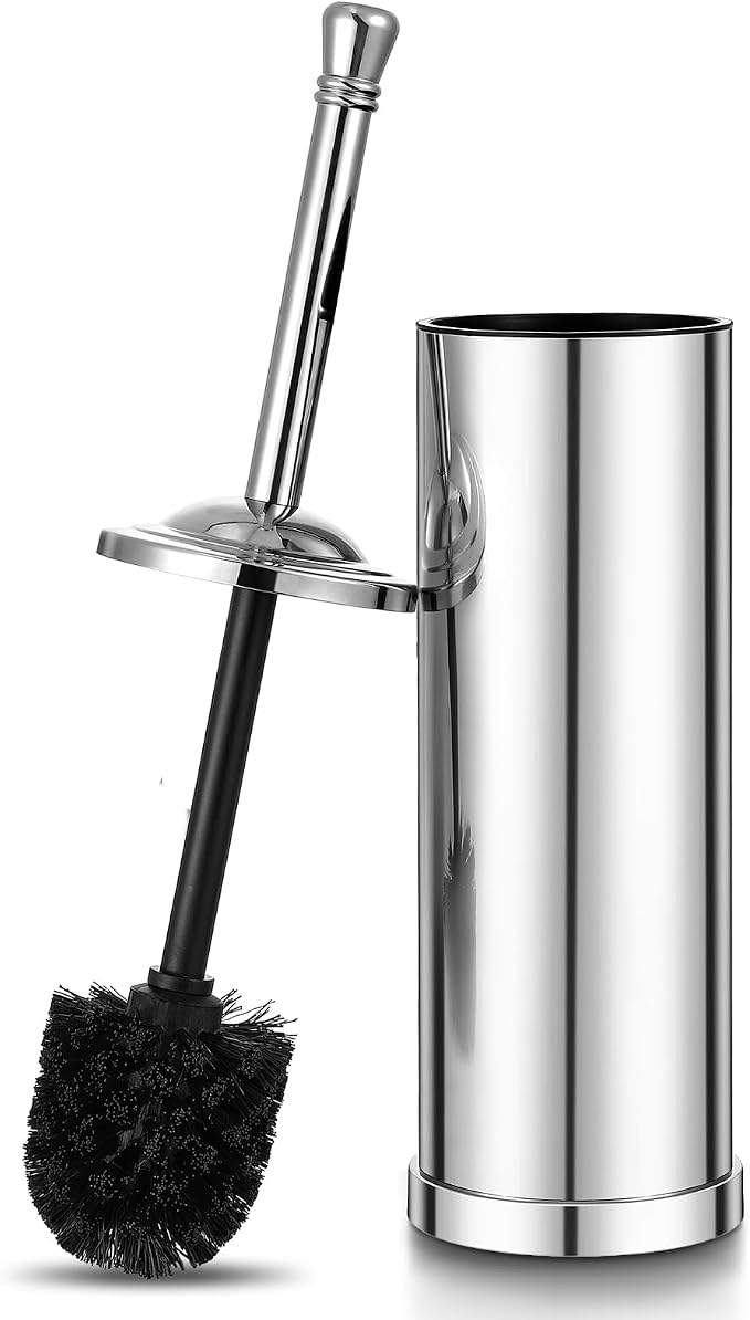 Stainless Steel Toilet Brush and Holder Set,Extra Long Handled Toilet Brush for Bathroom,Heavy Duty Toilet Bowl Brush,Modern Toilet Cleaner Brush, Splash Protection,Deep Cleaning (Chrome)