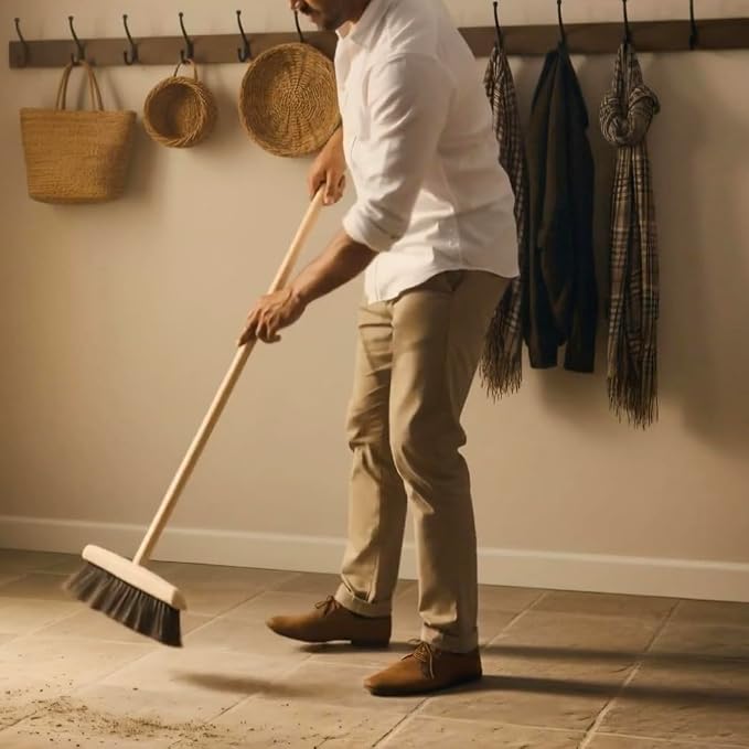 REDECKER Horsehair Broom & Stainless Steel Dust Pan Set - Oiled Beechwood Handles, 35-3/8 Inch - Broom & Dustpan Combo for Home, Kitchen, Outdoor Use - Wooden Broom and Dustpan Set, Made in Germany