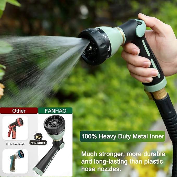 FANHAO Heavy Duty Garden Hose Nozzle, Metal Hose Sprayer Easy Thumb Control | 8 Spray Patterns, Rustproof Water Nozzle, Non-Slip Ergonomic Grip, Elder & Child Friendly for Garden, Car & Pet, Light Green