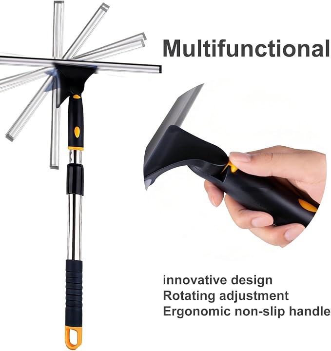 14" Window Cleaning Tool, All-Purpose Extendable Window Squeegee with 2 Blades and Stainless Steel Pole, Shower Squeegee for Glass Doors,Shower Doors, Windows, Bathroom and Car Windshields