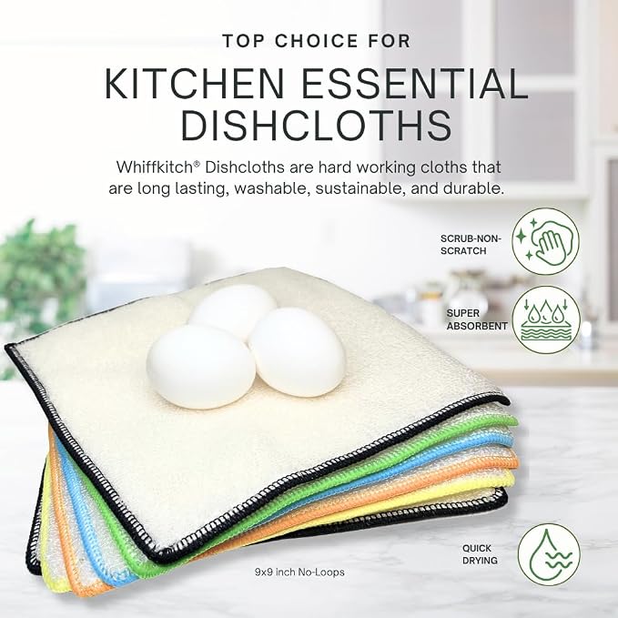 Whiffkitch Dishcloths Dishrags for Kitchen and Household Cleaning 9x9 6-Pack Non-Scratch 2-Ply Weave, Bamboo-Rayon Fabric, Absorbent, Washable, Long-Lasting (No Loops)
