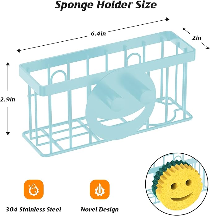 MURLONG Sponge Holder Smiley Face,Sink Caddy for Kitchen Sink,Sponge Holder with 2 PCS Suction Cups/1 PCS Adhesive Strips,Designed for Sponge,Soap,Dish Brush,Scrubber-Blue