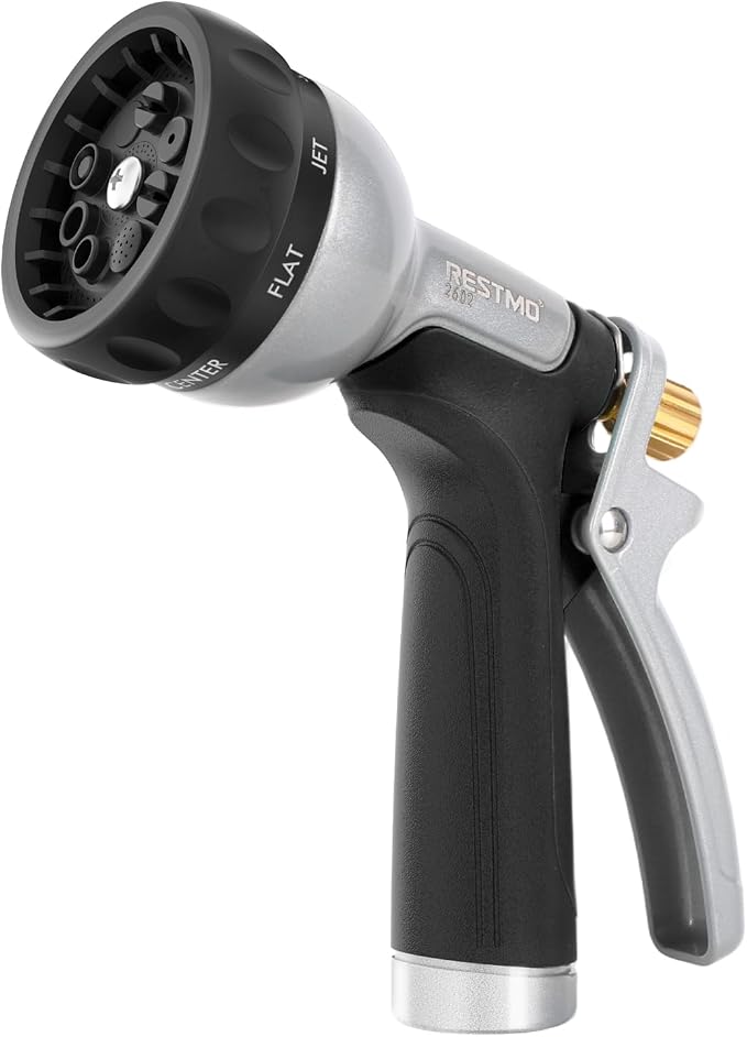 RESTMO Garden Hose Nozzle Heavy Duty, Rear Trigger Water Sprayer, Black | 7 Adjustable Spray Patterns, Durable Metal, Flow Control, Ideal for Plants & Lawns Watering, Cars & Pets Washing