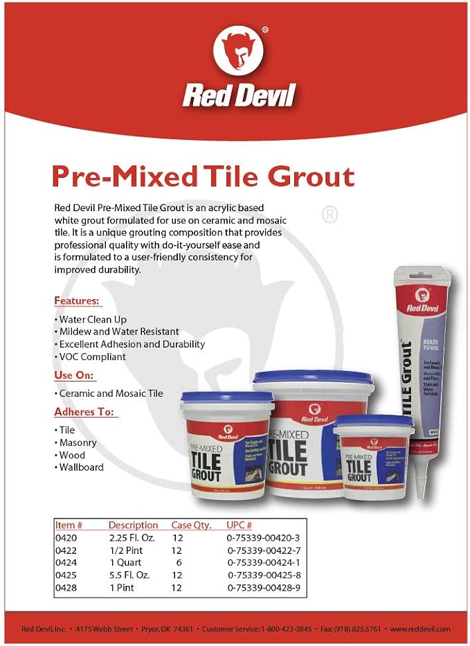 Red Devil 0428 Pre-Mixed Tile Grout - Professional Quality, Excellent Adhesion, Ideal for Wall & Floor Use - 1 Pint, White, Pack of 12, Made in USA