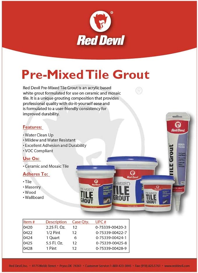 Red Devil 0428 Pre-Mixed Tile Grout - Professional Quality, Excellent Adhesion, Ideal for Wall & Floor Use - 1 Pint, White, Made in USA