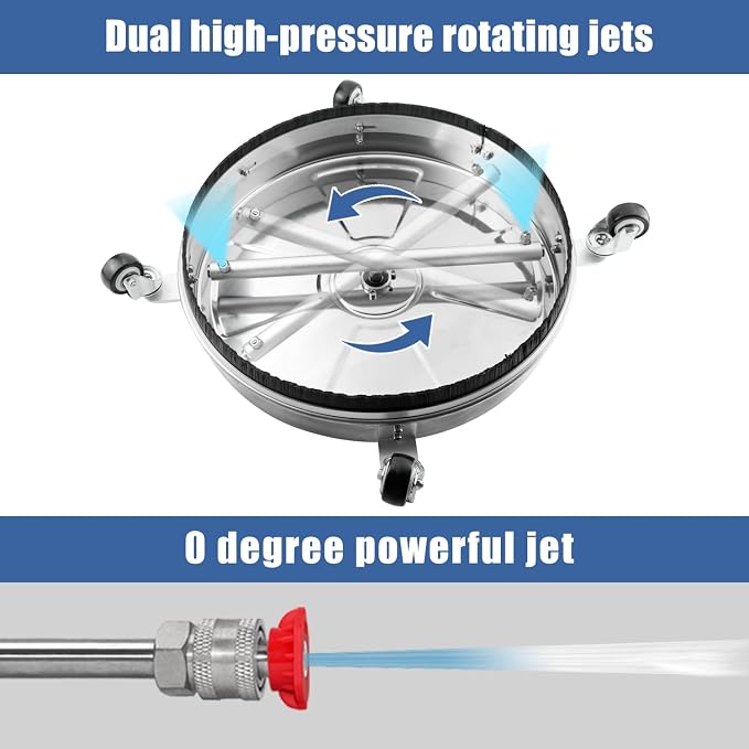JANZ 18'' Pressure Washer Surface Cleaner | 4 Wheels, Stainless Steel Housing, 1/4'' Quick Plug, 2 Extension Wands, 2 Replacement Nozzles and 3 Spray Nozzles,4000 PSI