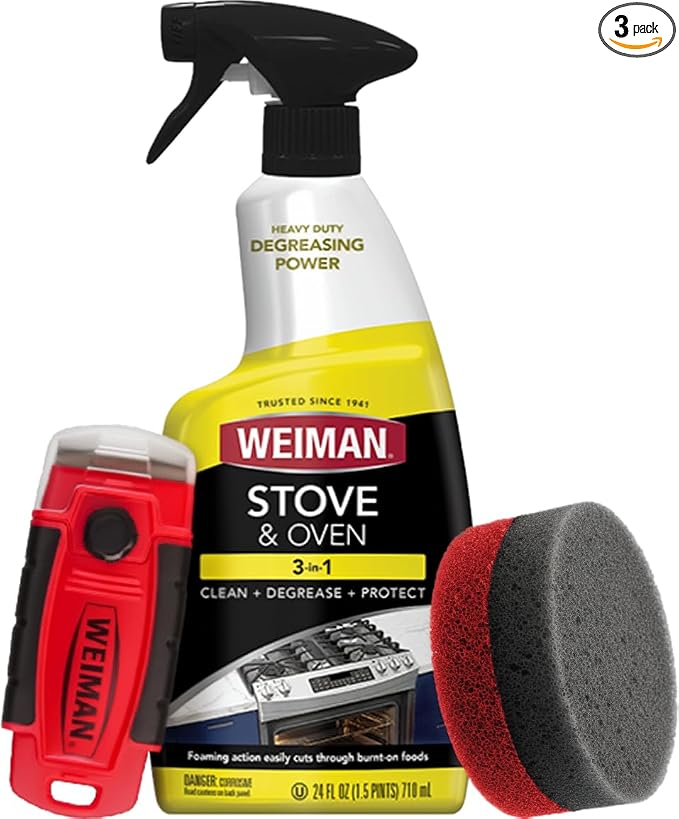 Weiman Heavy Duty Stove and Oven Cleaner 3 Piece Total Clean Kit, For Baked on Grease, Grime, Carbonized Food, Includes Foaming Cleaner (24oz), Precision Razor Tool, Dual-Action Scrub & Shine Sponge