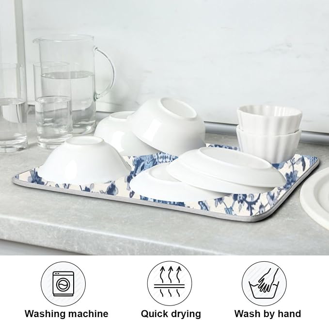 Dish Drying Mat Kitchen Counter Absorbent Blue and White Pattern Coffee Sink Mat Dish Drainer Pad 18 Inch x 24 Inch